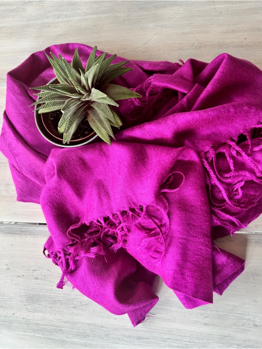 Fuchsia Woven Scarf with Geometric Pattern & Fringe Trim.